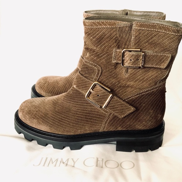 Jimmy Choo Leather Beige Clay Pull On Flat Ankle Suede Corduroy Buckle Boots - Picture 5 of 13
